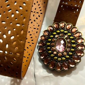 Tan brown copper Concho GEM BELT HOOK BUCKLE cut out geometric design 39”Long S